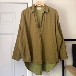 TRIBE ALIVE olive green oversized popover long sleeve hi lo blouse shirt top